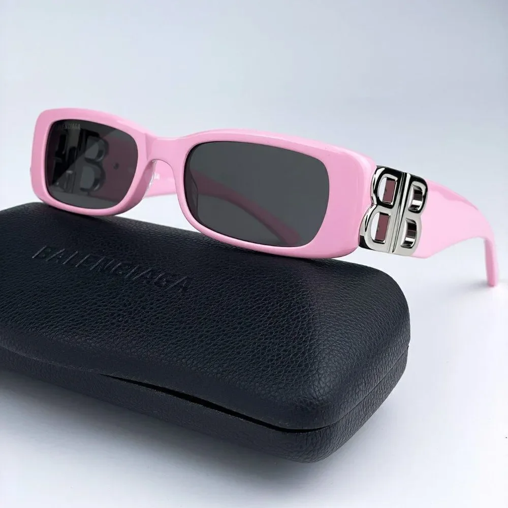 NEW Balenciaga BB0096S 012 Pink Silver Logo Grey Rectangle Unisex Sunglasses